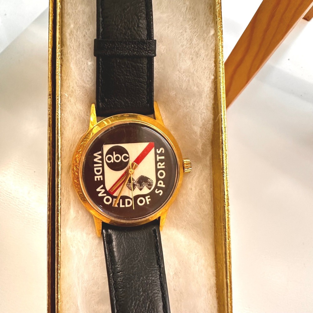ABC Wide World of Sports Promo Watch Vintage Gold Toned Case Leather Strap Rare